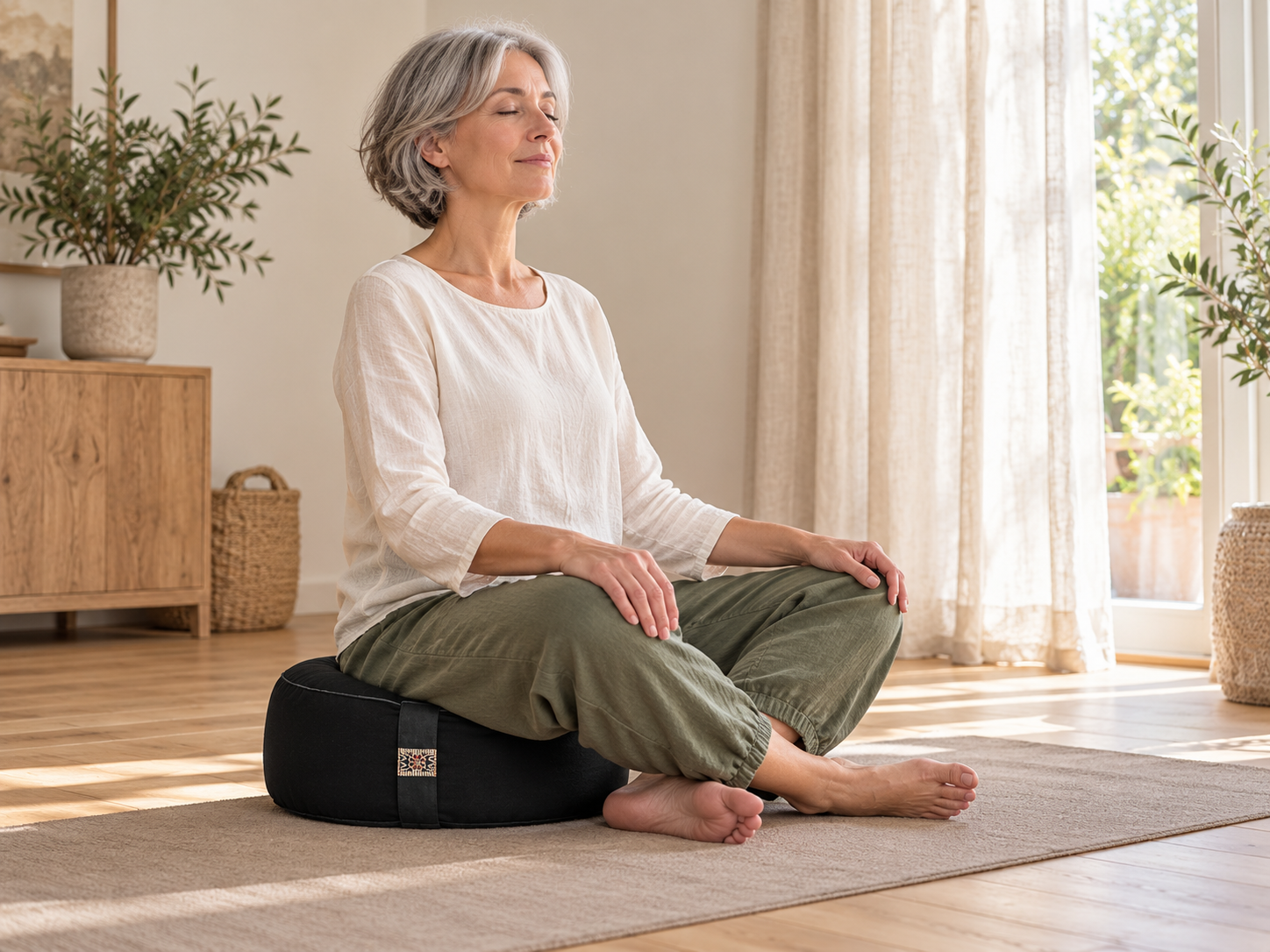 Osoba siedząca swobodnie na poduszce Yogi & Yogini; widoczne siedzisko i ułożenie nóg, naturalne światło.